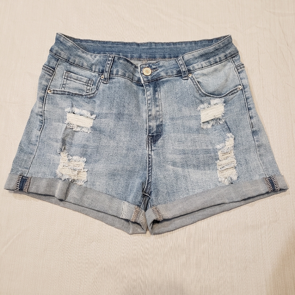 Knoeasy Light Blue Distressed Ripped Denim Rolled Hem Jean Shorts - Size Large